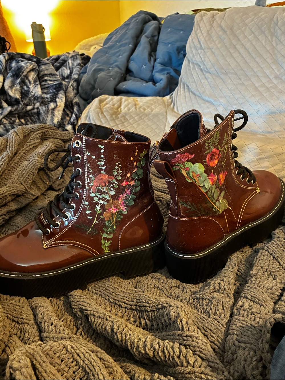DIY Whimsical Cottage Core Glitter Floral Brown Wedge Combat Boots Unique - Picture 2 of 15